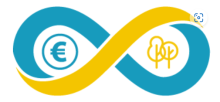 A sideways figure of eight logo with a euro symbol and tree-like images