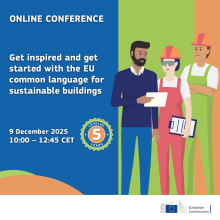The left side of the visual reads: online conference, Get inspired and get started with the EU common language for sustainable buildings, 9 December 2025 10:00-12:45 CET, Level(s) 5 years. On the right are drawings of three people, one wearing business wear and two wearing overalls and hard hats.