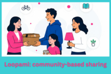 Graphic of a man passing a box to a woman, with two children near him. The words 'Loopami: community-based sharing'