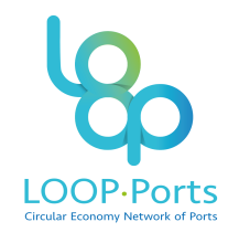 A blue and green line forming loops and the words "LOOP-Ports - Circular Economy Network of Ports"