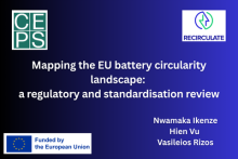 Mapping the EU battery circularity landscape: a regulatory and standardisation review. Nwamaka Ikenze, Hien Vu, Vasileios Rizos. CEPS and RECIRCULATE logos, and the EU flag with the words 'Funded by the European Union'