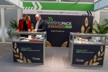 Two stands, one labelled Finalists – Flexible Packaging Innovation, and the other Rigid packaging innovation, with a banner for the MeetingPack Awards 2026 behind then