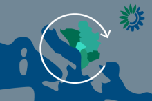 Map with the Western Balkand highlighted, a circle around it and the logo of the EEA