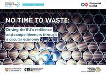 Front page of the report with many circles and the title "no time to waste: Driving the EU's resilience and competitiveness through a circular economy"