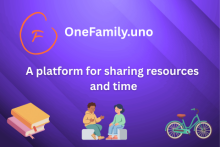 OneFamily.uno. A platform for sharing resources and time. Graphics of books, a bicycle and two people talking