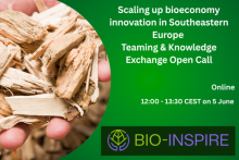Scaling up bioeconomy innovation in Southeastern Europe Teaming & Knowledge Exchange Open Call. Online, 12:00 - 13:30 CEST on 5 June. BIO-INSPIRE logo