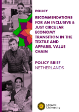 Front page of the report. Three black and white pictures of people, a multicoloured flower, the title and the logo of Utrecht university.