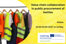 Value chain collaboration in public procurement of textiles. Online, 10:30-12:00 CEST on 13 May. Logo of the Interreg North-West project Circular Shift. Co-funded by the European Union