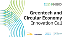 White background with the green and blue lines and with the words "Greentech and Circular Economy Innovation Call"