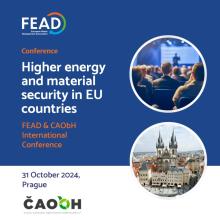 Blue and white banner of the FEAD’s and CAObH's conference with the words "Higher energy and material security in EU countries"