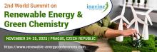 2nd World Summit on Renewable Energy & Green Chemistry, November 24-25, 2025 Prague, Czech Republic; Inovine Scientific Meetings, https://www.renewable-energyconferences.com, with a photo of part of a person in a green shirt, with paper models of windmills on green turf 