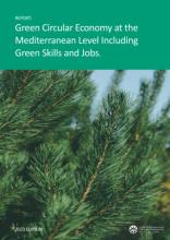 The words "REPORT: Green Circular Economy at the  Mediterranean Level Including  Green Skills and Jobs" and a photo of fir trees