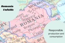 Map of Romania with the words 'Romania Unfolds' and 'Responsible production and consumption'