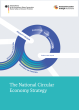"The National Circular Economy Strategy", with the logos of the Federal Monistry for the Environment, Nature Conservation, Nuclear Safety and Consumer Protection and Kreislaufwirtschaftsstrategie Deutchland and a circular image with the words "secondary raw materials - primary raw materials – Production – Trade – Consumption"