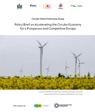 Front page of the policy brief on accelerating the circular economy for a prosperous and competitive Europe with an image of windmills in a field.