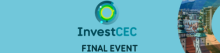 Light blue event banner with the words "InvestCEC final event" and with a picture of a city