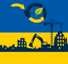The Ukrainian flag with silhouettes of building equipment and an arrow in a circle