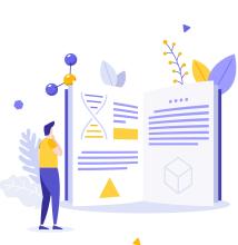 Man looking at a large notebook with scientific designs on