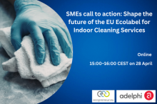 SMEs call to action: Shape the future of the EU Ecolabel for Indoor Cleaning Services. Online, 15:00–16:00 CEST on 28 April. Logos of ecopreneur and adelphi