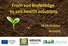 From soil knowledge to soil health solutions. Brussels, 28-29 October. bioSOILUTIONS and NBSOIL logos, and the EU flag with the words Co-funded by the European Union