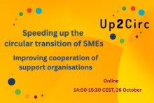 Speeding up the circular transition of SMEs: Improving cooperation of support organisations. Online, 14:00-15:30 CEST, 26 October. Up2Circ logo