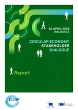 Dark green background with lighter green loops and grey silhouettes of people walking, the text: 10 April 2025 Brussels Circular Economy Stakeholder Dialogue Report, logos: ECESP, EESC, European Commission
