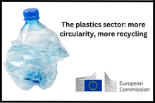 Photo of a plastic bottle, with teh European Commission logo and the words 'The plastics sector: more circularity, more recycling'