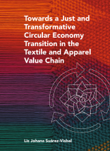 Front page of the report. The background image is a close up picture of a multicoloured scarf. The title of the research, a flower and two arrows going in a circle, and the name of the researcher.