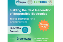 Building the next generation of responsible electronics: printed electronics for a changing world. 1 July 2026 – Brussels. Register now! EU Green Electronics Working Group. Hosted by Greenovate Europe. SUINK, ECOTRON, HyPELignum and CircEL-Paper logos.