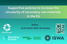 Supportive policies to increase the circularity of secondary raw materials in the EU. Online, 11:00-12:00 CEST, 29 October. Logos of CEPS, Wood2Wood, Recycling Europe, Gemeente Rotterdam and ISWA