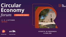 Purple conference banner with an image of a house and a square and with the words "Circular Economy forum"