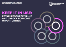 Dark blue background with a drawing of 5 interlocking circles, the title of the report and the Ellen MacArthur Foundation logo