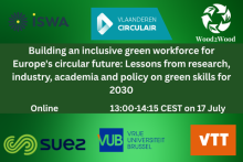 Building an inclusive green workforce for Europe's circular future: Lessons from research, industry, academia and policy on green skills for 2030. Online 13:00-14:15 CEST on 17 July. Logos of W2W, Suez, ISWA, Circular Flanders, VUB and VTT