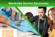 Wardrobe Stories Barometer. CIRCUFash logo, with a photo of hands sewing and a woman with a measuring tape over her shoulders showing something to another woman 