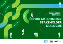 10 April 2025 – Brussels - Circular Economy Stakeholder Dialogue, with a blue and green interlocking design and images of people