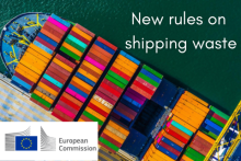 New rules on shipping waste. Picture of a cargo ship and the European Commission logo