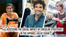 Three people working with textiles and the text Assessing the social impacts of circular strategies in the Apparel Value Chain