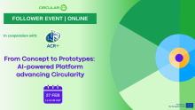 Green event banner with a visual of a wheel and with the words "From Concept to Prototype: AI-powered Platform advancing Circularity"