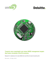 Front page of the report with the logos of weee forum and Deloitte, a green and black electronic panel, and the text: Towards more meaningful and robust WEEE management targets  that foster circularity in the EU economy Research in advance of a new WEEE Act and the Circular Economy Act Brussels, 23 May 2025